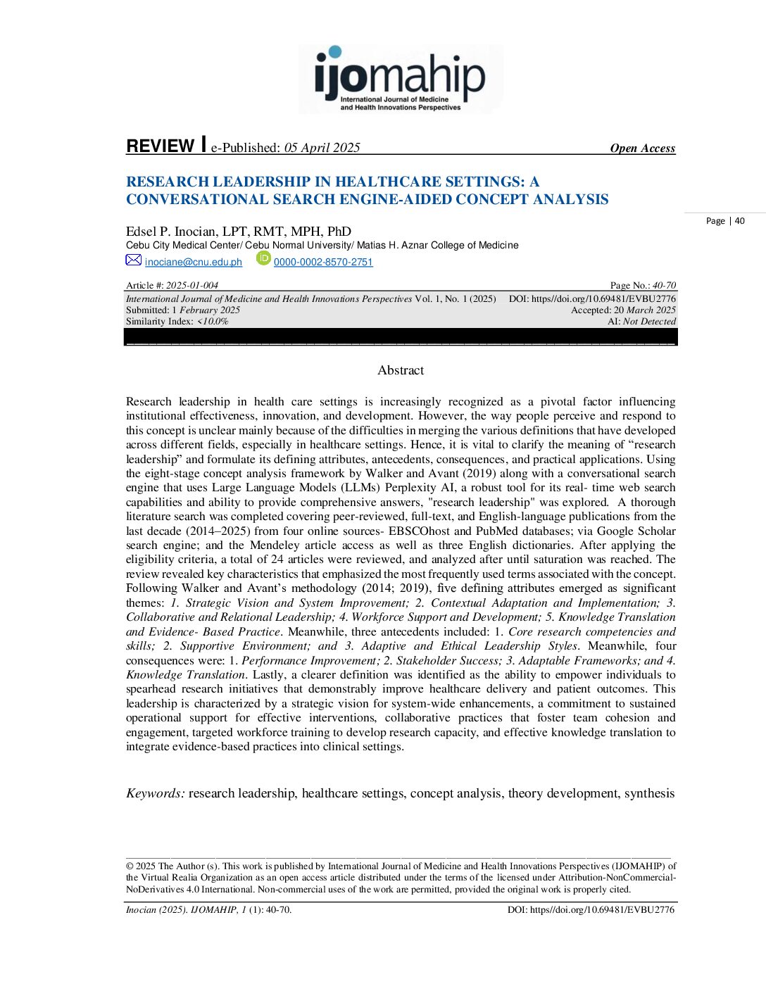Research Leadership in Healthcare Settings: A Conversational Search Engine-Aided Concept Analysis